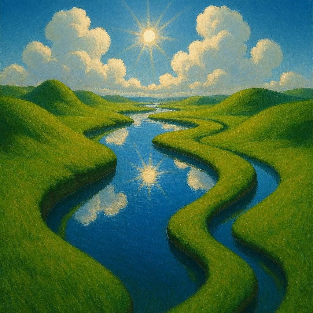 Surreal landscape: vibrant green grass forms winding land masses around a river reflecting a vivid blue sky with fluffy clouds, creating a portal-like illusion. Diagonal, wobbly river, strong sunlit highlights. Clean, polished aesthetic, digital painting style, dreamlike, Kodak 200 Gold.